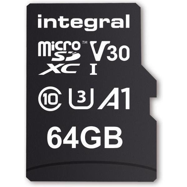 Integral INMSDX64G-100V30 64GB MICRO SD CARD MICROSDXC UHS-1 U3 CL10 V30 A1 UP TO 100MBS READ 45MBS WRITE flashgeheugen MicroSD Klasse 10 UHS-I