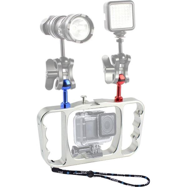 PULUZ Dual Handheld Diving Light Arm CNC Aluminium Mount met draagkoord voor DJI Osmo Action, GoPro NEW HERO / HERO7 / 6/5/5 Session / 4 Session / 4/3 + / 3/2/1, Xiaoyi en andere actiecamera's (zilver )