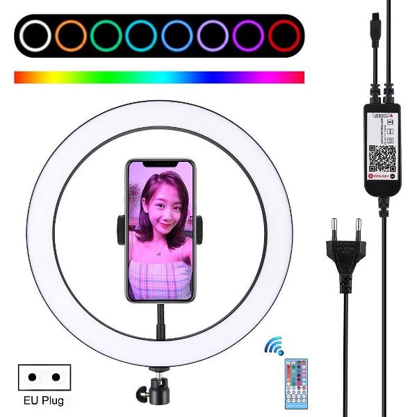 PULUZ 12 inch RGB Dimbare LED-ring Vlogging Selfie Fotografie Videolichten met koude schoen Statief Balhoofd & telefoonklem (EU-stekker)