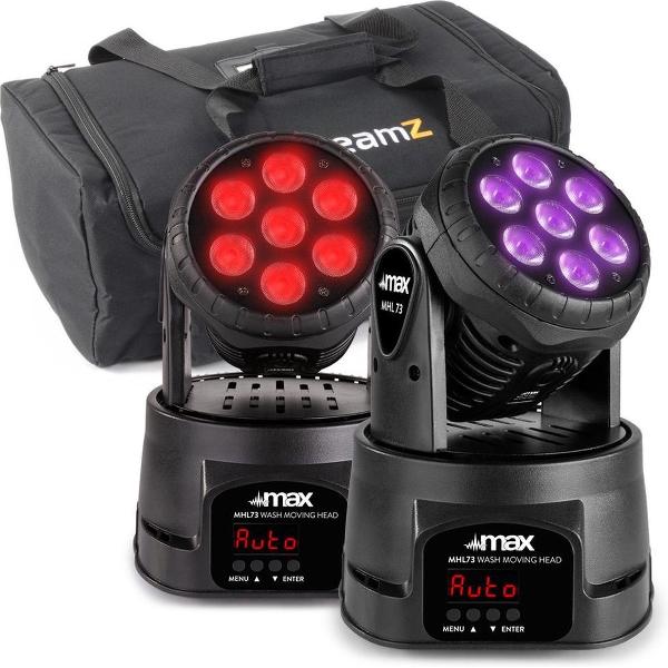 Moving head - Set van twee MAX MHL73 moving heads met 7x 8W LED's (RGBW) incl. een handig tas. Perfecte set voor de startende DJ , drive in show of je mancave! - Zwart