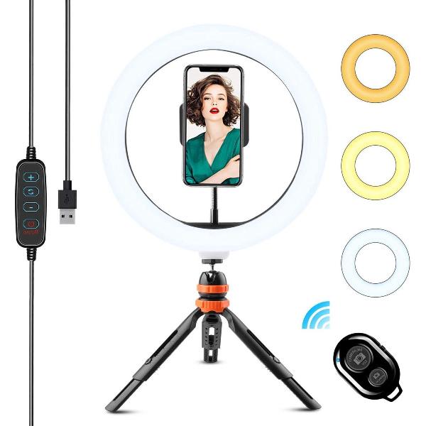 ringlight met statief - ZINAPS Ring light with tripod, 10 inch (25 cm) LED selfie ring light, table ring light with remote shutter release, 3 colour modes and 11 brightness levels for beautiful photos or video shooting, live streaming, make-up etc.