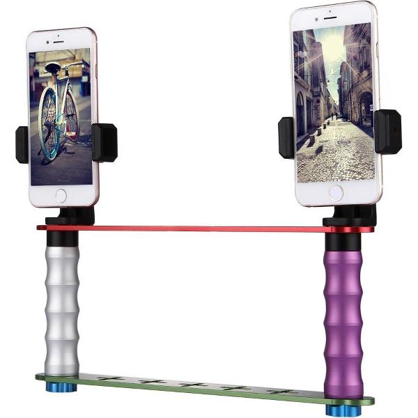 Smartphone Live Broadcast Bracket Dual handbediende Selfie Mount Kits met 2x telefoonclips, voor iPhone, Galaxy, Huawei, Xiaomi, HTC, Sony, Google en andere smartphones