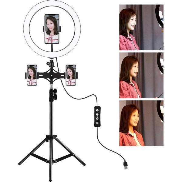 PULUZ 1,1 m statiefbevestiging + dubbele telefoonbeugel + 11,8 inch 30 cm LED-ring vloggen videolicht Live uitzendingskits met koude schoen statief balhoofd (zwart)