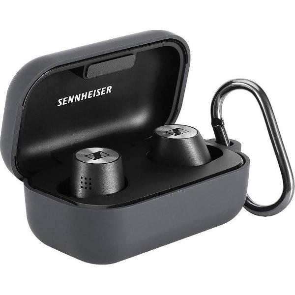 Luxe Siliconen Hoesje Voor Sennheiser MOMENTUM 2 True Wireless II Draadloze Oordopjes - Soft Case Cover Protector - Travel Beschermhoes - Reis Opberghoes Shell Beschermer Hoes - Met Musketon Haakje - Donkergrijs