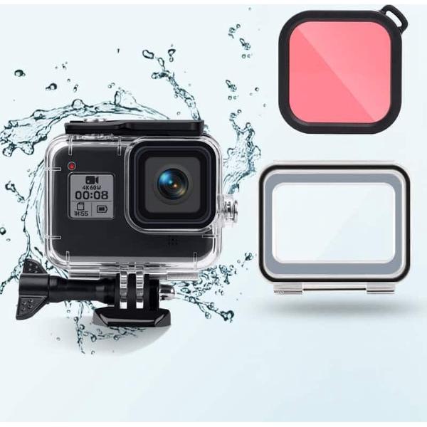 45m waterdichte behuizing + touch-achterkant + kleurenlensfilter voor GoPro HERO8 zwart (roze)