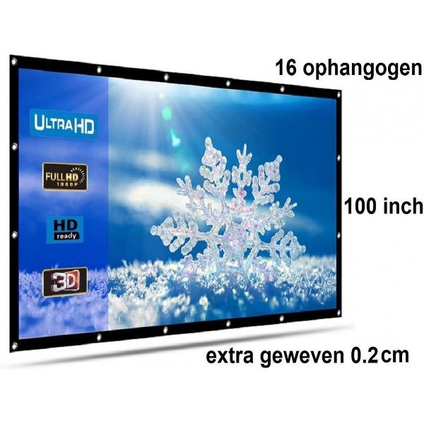 Beamer scherm projectiescherm 100 inch 16:9, dichter geweven >> 390 gram met 16 ophangogen, beamerscherm doek incl ophanghaken