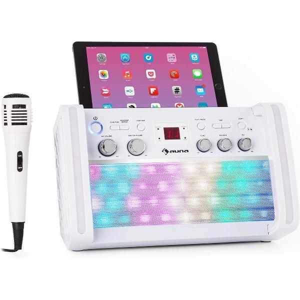 Karaoke set - Auna DiscoFever 2.0 karaoke set met CD+G, Bluetooth, microfoon met echo, tablet en telefoon houder en dansende disco LED's - Wit