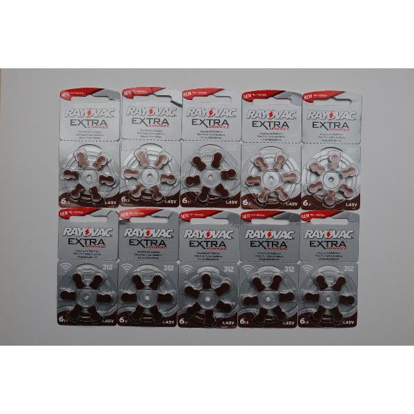 60 Stuks (10 Blister a 6st) Rayovac Extra Advanced 312 / PR312 / PR41 Gehoorapparaat batterijen