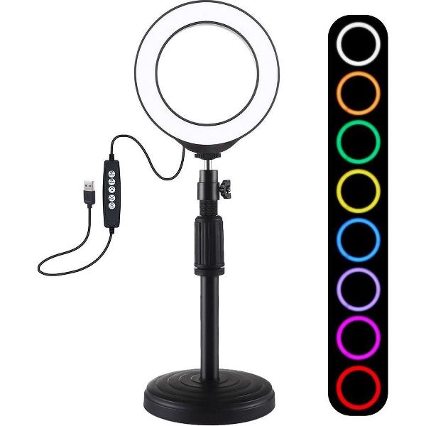 PULUZ 4.7 inch 12cm USB 10 modi 8 kleuren RGBW dimbare LED-ring vloggen fotografie videolichten + ronde basis Desktop-montage met koude schoen statief balhoofd (zwart)
