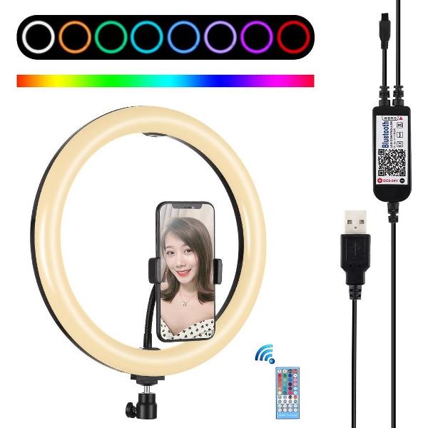 PULUZ 11,8 inch 30 cm RGB Dimbare LED Dubbele kleurtemperatuur LED Gebogen diffuse lichtring Vlogging Selfie Fotografie Videolichten met koude schoen Statief Balhoofd & telefoon Klem & afstandsbediening (zwart)