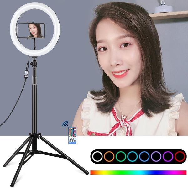 PULUZ 1,65 m statiefbevestiging + 10,2 inch 26 cm gebogen oppervlak USB RGBW dimbare LED-ring vloggen videolamp Live uitzendingskits met koude schoen Statief Balhoofd & telefoon Klem & afstandsbediening (zwart)