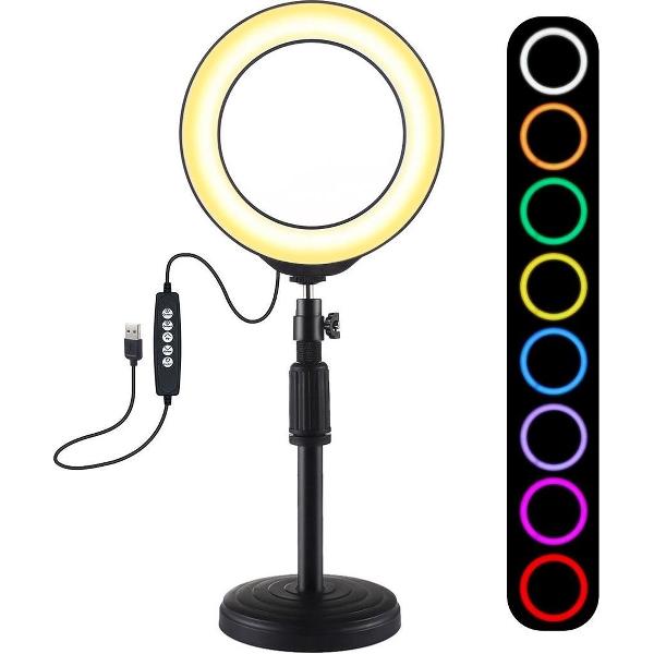 PULUZ 6.2 inch 16cm USB 10 modi 8 kleuren RGBW dimbare LED-ring vloggen fotografie videolichten + ronde basis Desktop-montage met koude schoen statief balhoofd (zwart)