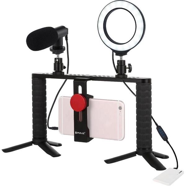 PULUZ 4 in 1 Vlogging Live-uitzending 4.7 inch 12cm Ring LED Selfie Licht Smartphone Video Rig Handgreep Stabilisator Aluminium Beugelsets met microfoon + Statiefbevestiging + Cold Shoe Statiefkop