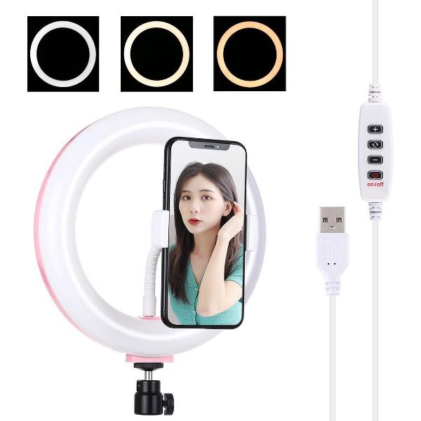 PULUZ 7.9 inch 20cm USB 3-standen Dimbaar Dubbele kleurtemperatuur LED Gebogen lichtring Vloggen Selfie Fotografie Videolichten met telefoonklem (roze)