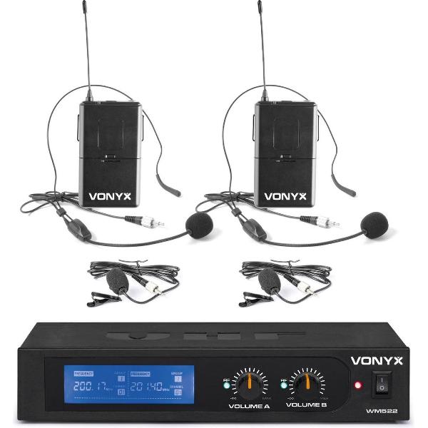 Draadloze microfoon - Vonyx WM522B draadloze microfoonset met 2 headsets en bodypacks