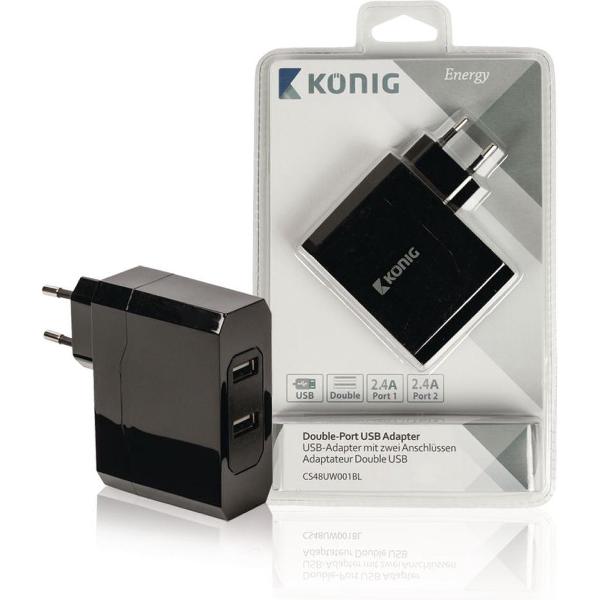 König CS48UW001BL Universele Usb Lader met Dubbele Poort, 2.4 A en 2.4 A