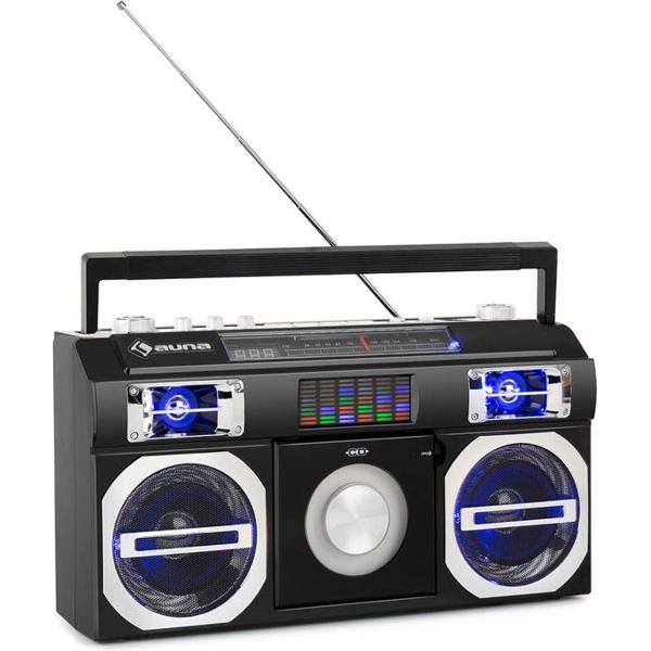 Oldschool 80's retro-player CD BT USB MP3 FM telescoopantenne accu zwart