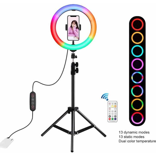 PULUZ 10 inch 26cm lichtkrant LED RGBWW licht + 1.1m statiefbevestiging 168 LED tweekleurige temperatuur dimbare ring vloggen fotografie videolichten met koude schoen statief balhoofd & afstandsbediening & telefoonklem (zwart)
