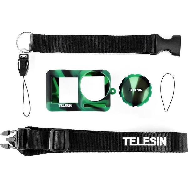 PRO SERIES Zachte Siliconen Rubber Beschermende Case + Lens Cover + Hand Strap voor Dji Osmo Action Camera - Groen Camouflage