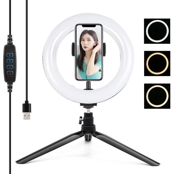 PULUZ Desktop-statiefbevestiging + 7,9 inch 20 cm USB 3-modi Dimbare dubbele kleurtemperatuur LED Gebogen lichtring Vloggen Selfie Fotografie Videolichten met telefoonklem (zwart)