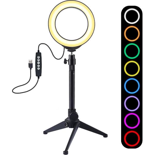 PULUZ 4.7 inch 12cm USB 10-standen 8 kleuren RGBW Dimbare LED-ring Vlogging Fotografie Videolichten + Desktop Statiefbevestiging met koude schoen Statief Balhoofd (zwart)