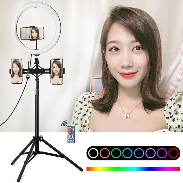 PULUZ 11,8 inch 30 cm RGBW-licht + 1,65 m bevestiging + dubbele telefoonbeugels Gebogen oppervlak RGBW Dimbare LED-ring Vlogging Light Live-uitzendingsets met Cold Shoe-statiefadapter & telefoonklem & afstandsbediening (zwart)