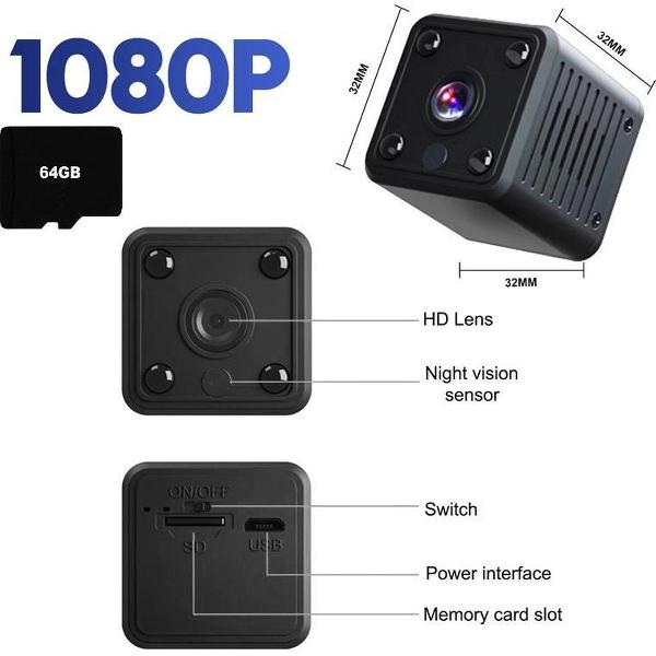 Yaqubi - spy camera - verborgen camera - INCLUSIEF 64GB - bewakingscamera - mini camera - spy - bewakingscamera voor binnen - bewakingscamera voor buiten - 1080P - 64GB.
