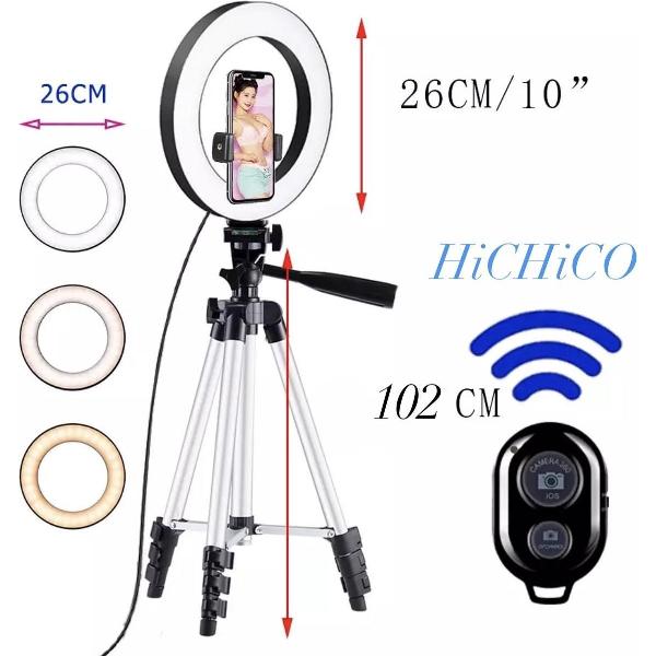 Selfie Light Ring 26 Cm Inclusief Smartphone Tripod Camera Statief 102 Cm Zilver met Telefoonhouder en Bluetooth Remote shutter – HiCHiCO