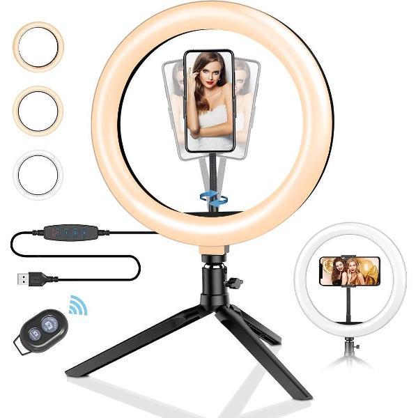 SAMMIT® LED Ringlamp met Statief Smartphone en Afstandbediening- Led Ringlamp USB 10 inch- 3 Lichtstanden - Tiktok / Video/ Foto/ Studiolamp
