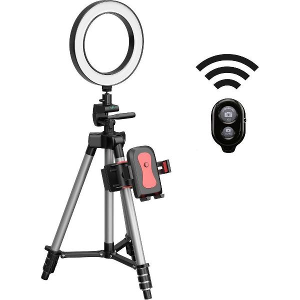 TECHSHARK Smartphone Statief Met LED Ring Deluxe - Ring Lamp - Universeel - 102 cm - Tripod