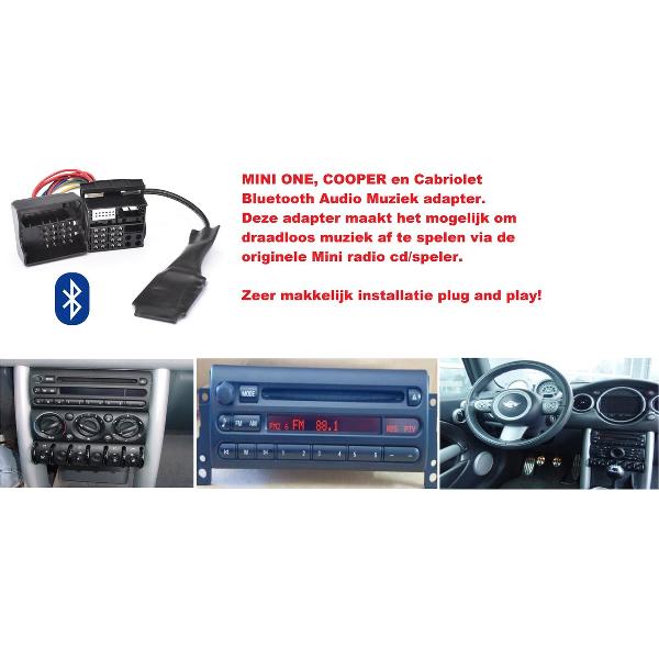 Mini Cooper One Cooper S Works Cabrio Bluetooth Audio Muziek AD2P Streaming module Adapter Vlakke pin R50 R52 R53 Cabriolet Youtube Deezers Boost Alpine