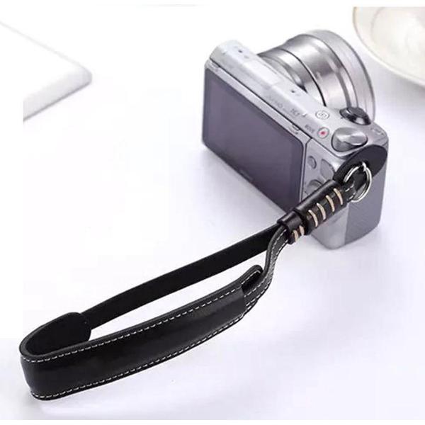 Camera polsriem zwart kunstleer - cameraband kunstleder - camera strap kunst leer - camera draagband pols kunstleer - kunst leren band voor spiegelreflex camera's