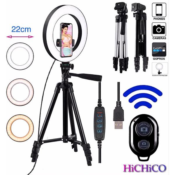 Tripod Camera Statief 102 Cm Zwart met LED Ring Light 22 Cm Inclusief Bluetooth shutter – HiCHiCO