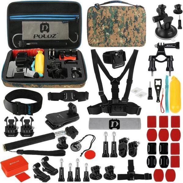 53 in 1 accessoires Totaal ultieme combokits met camouflage EVA-hoes (borstriem + zuignapbevestiging + 3-weg scharnierarmen + J-haakgesp + polsband + helmriem + uitschuifbare monopod + opbouwbevestigingen + statiefadapters + opbergtas