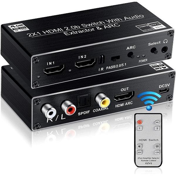DrPhone HDMI Switch 4K @ 60hz met Audio Extractor - 2 in 1 Out HDMI2.0b & HDMI ARC met CEC ondersteuining optische SPDIF + Coax + Analoge RCA Stereo Audio Out