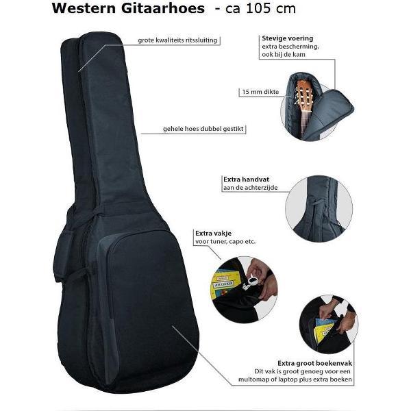 GTW100-BK - Degelijk Gitaartas Zwart - Western Gitaar ( 105cm) , met ruim Voorvak voor o.a. multomappen