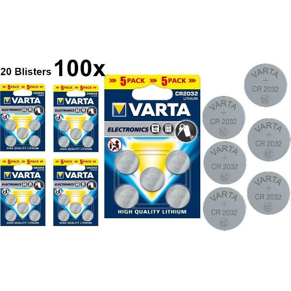 Varta CR2032 3v lithium knoopcel batterij - 100 Stuks (20 Blisters a 5st) -