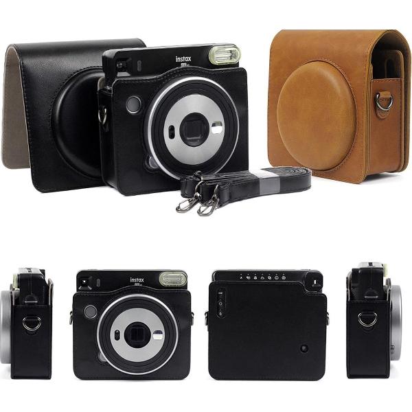 Vintage Case Cover Hoes Voor Fujifilm Square SQ6 - Inclusief Draagriem - PU Leder Zwart