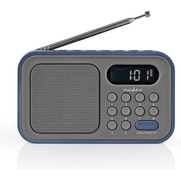 Nedis portable FM radio en klok en wekker 2,1W - 400mAh accu / grijs/blauw