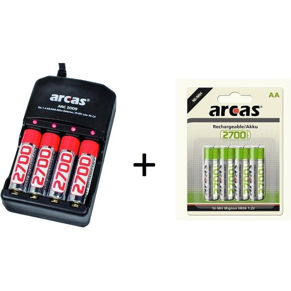 Arcas Batterij Oplader Geschikt voor AA / AAA + 8 ARCAS Rechargeable AA Batterijen 2700 mah