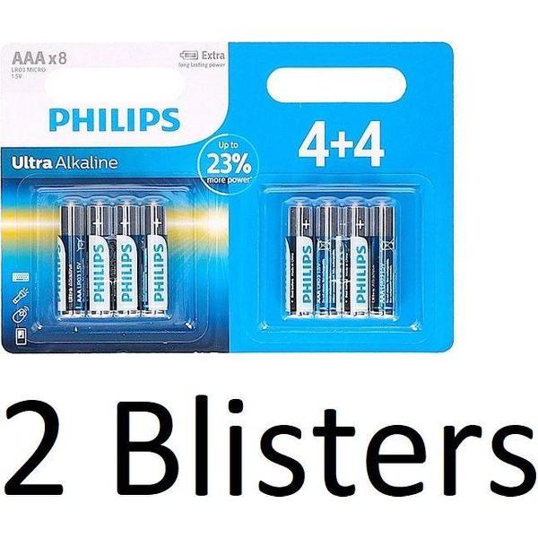 16 Stuks (2 Blisters a 8 st) Philips Ultra Alkaline Lr03/aaa Batterijen 4+4