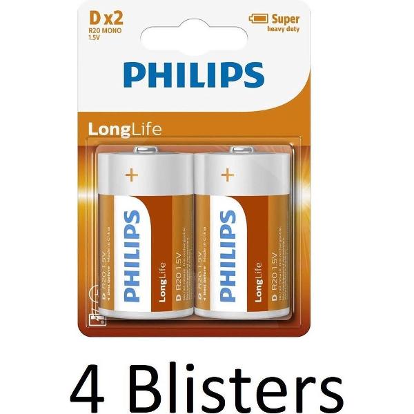 8 Stuks (4 Blisters a 2 st) Philips Longlife Zinc D Batterijen