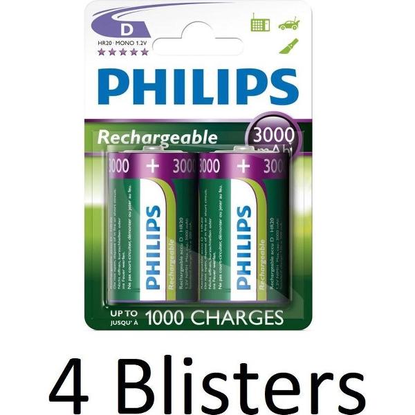 8 Stuks (4 Blisters a 2 st) Philips Rechargeables D Batterij 3000 Mah
