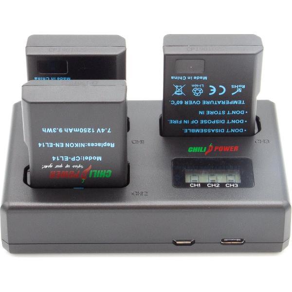 ChiliPower Nikon Accu EN-EL14 Kit Deluxe - 3 accu's + Triple lader, voor het laden van 3 accu's