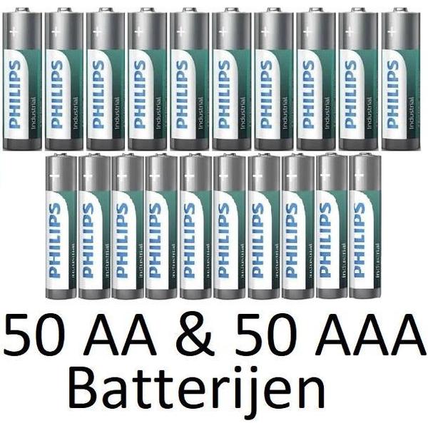 50 AA & 50 AAA (Verpakt Per 10) Philips industrial Alkaline Batterijen