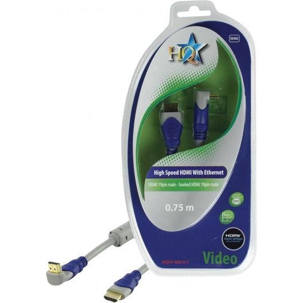 HQ - 1.4 High Speed HDMI kabel - eenzijdig haaks - 0.75 m - Grijs/Blauw