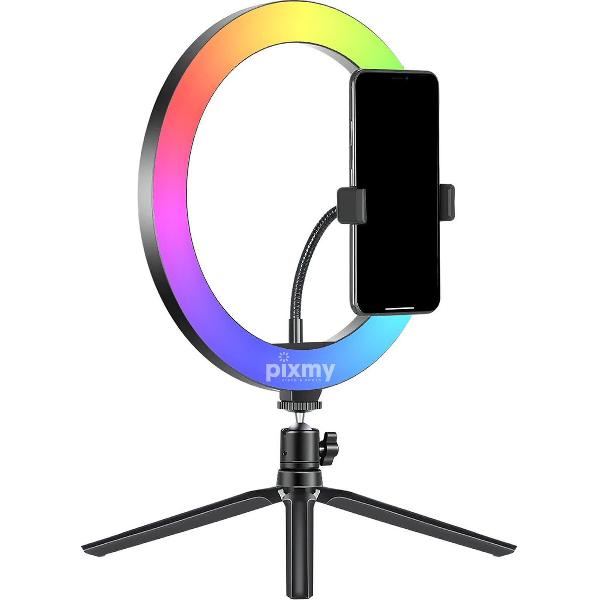 PIXMY - Ringlamp 10 inch – 16+ Kleurstanden - Ringlamp met statief – TikTok Lamp - Selfie Light - Ring Light - RingLight - RL10B55RGB