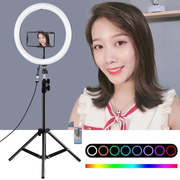 PULUZ 1,1 m statiefbevestiging + 11,8 inch 30 cm gebogen oppervlak RGB dimbare LED Dubbele kleurtemperatuur LED-ring Vlogging videolamp Live uitzendingskits met koude schoen Statief Balhoofd & telefoon Klem & afstandsbediening (zwart)