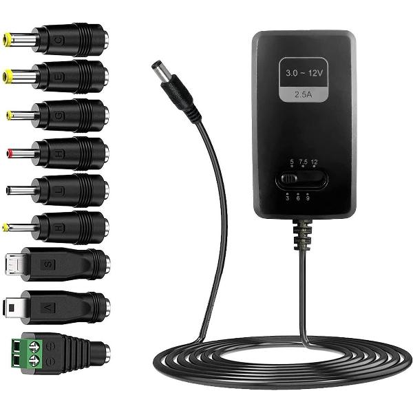 LEICKE Universal AC / DC adapter, switching power supply 3 V ~ 12 V, 2.5 A 30 W | 10 plug | includes mini / micro USB plug | for 3 V 5 V 6 V 7.5 V 9 V 12 V household electronics |vacuum cleaner|LED strips | 2500 mA max.