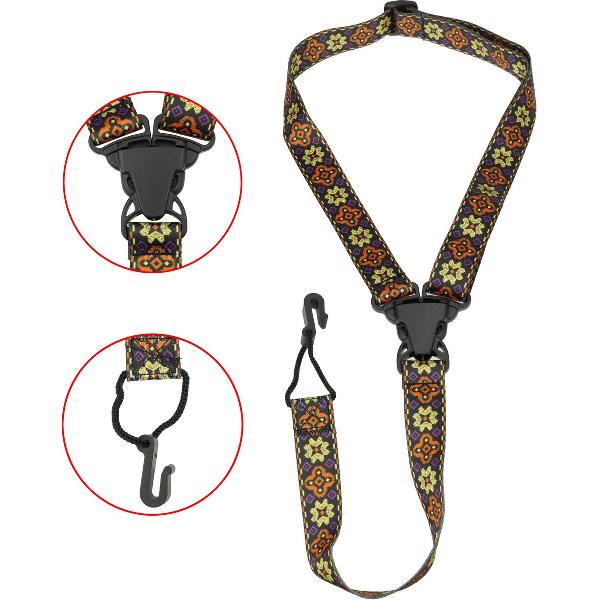 Áengus Stevige Ukelele draagband - nekband voor Ukulele met vrolijke print - black/flowers